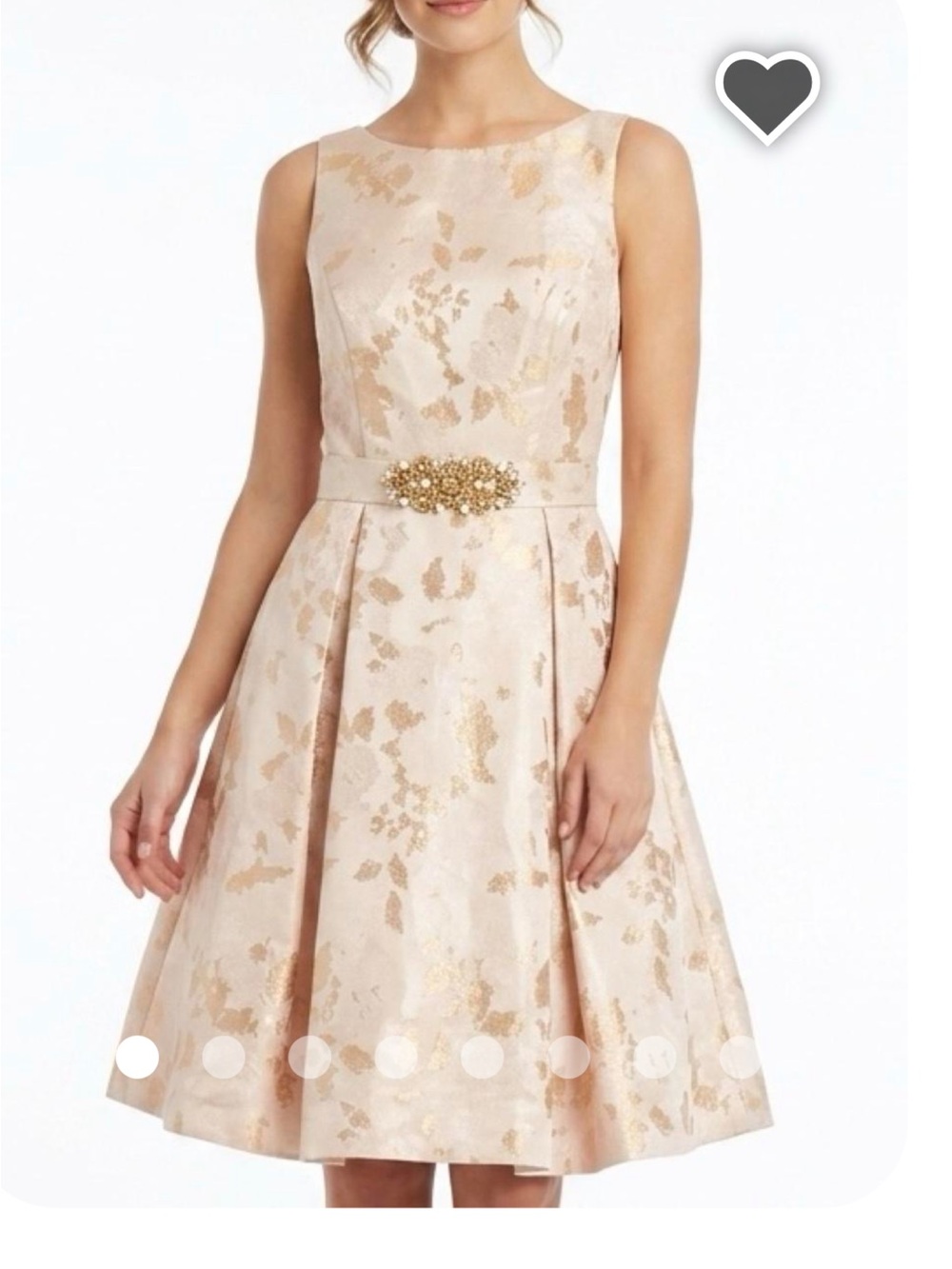 ElizaJ Metallic Jacquard Blush Pink Midi Dress with Gold Accents & Jeweled Waist
